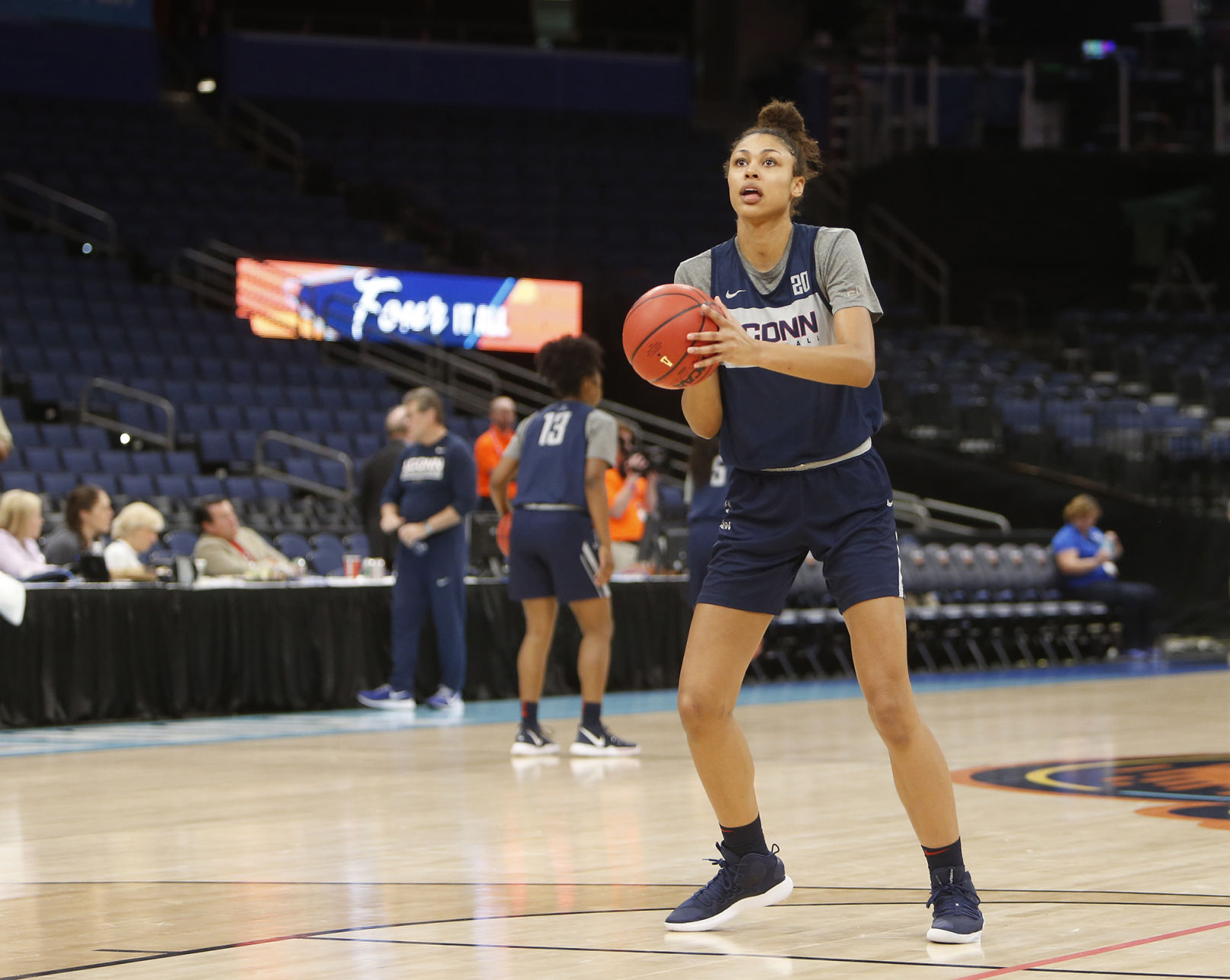 Connecticut's Olivia Nelson-Ododa runs offensive drills in practice ahead of the NCAA Tournament's Final Four at the Amalie Arena in Tampa, Fla., on Thursday, April 4, 2019.